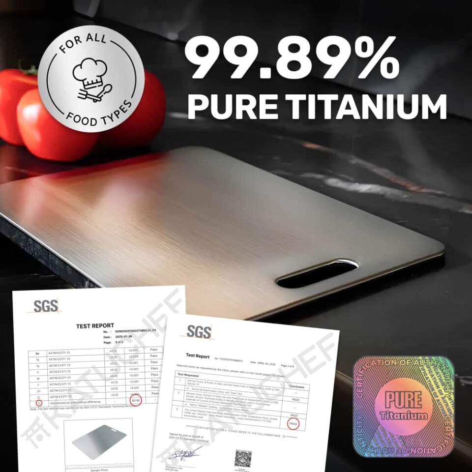 99.89% Pure Titanium cutting board with handle, certified and tested for its high-purity material and suitability for all food types.