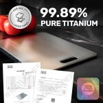 99.89% Pure Titanium cutting board with handle, certified and tested for its high-purity material and suitability for all food types.