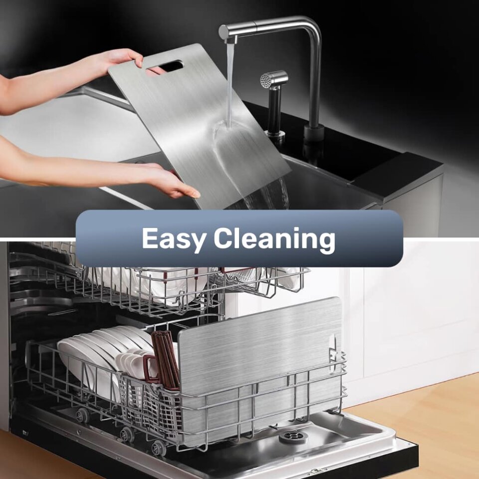 Brushed titanium cutting board being rinsed under a modern kitchen faucet and placed inside a dishwasher, highlighting its easy-clean, dishwasher-safe design