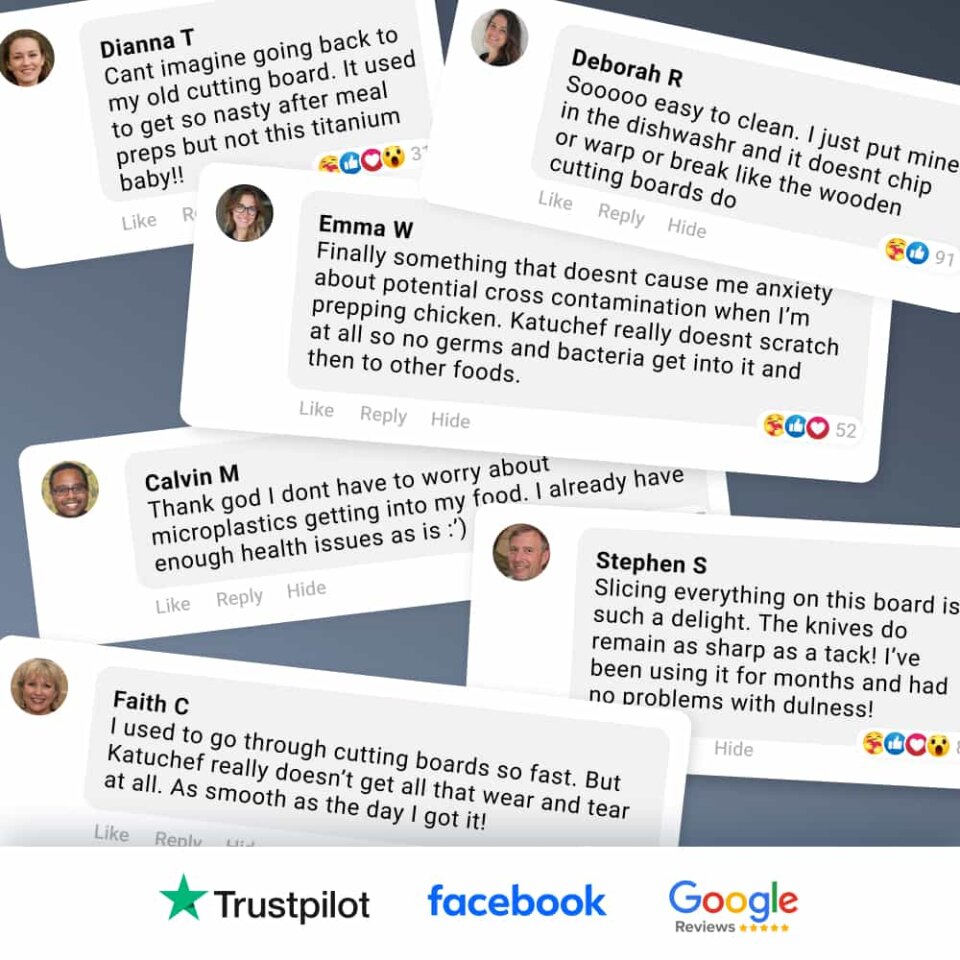 Photo collage of positive customer review screenshots and star ratings for the Katuchef titanium cutting board, highlighting satisfaction with quality, durability, easy cleaning, and performance