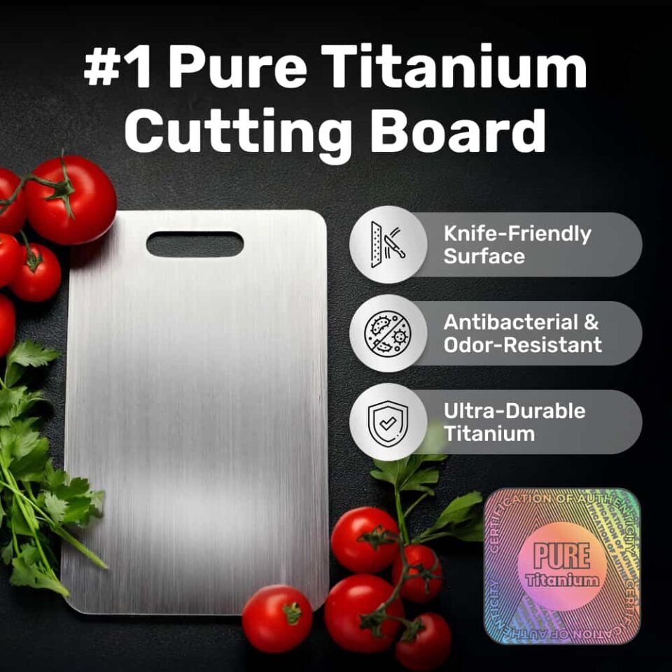 100% pure titanium cutting board with handle in modern kitchen setting