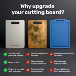 Comparison of three cutting boards showing a clean, modern Katuchef titanium board next to an old stained wooden board and a scratched blue plastic board, with text listing benefits of upgrading (zero bacteria growth, no odor, never cracks, easy cleaning) versus downsides of traditional boards.